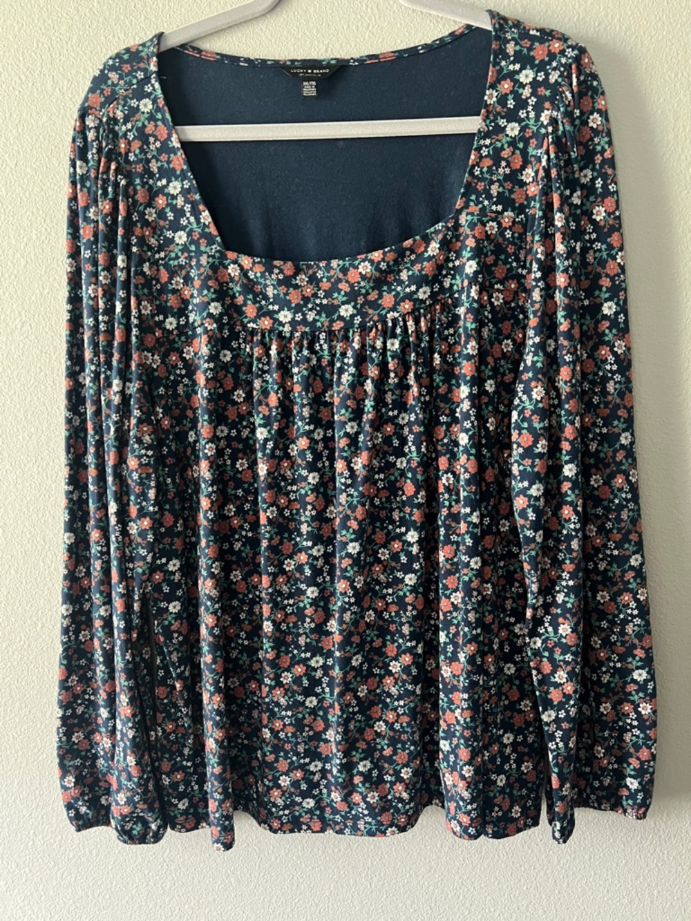 Lucky Brand Navy Tunic with Coral and White Floral Print